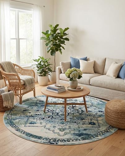 Rugs.com Fleur Collection Rug – 6' Round Blue Medium-Pile Rug Perfect for Kitchens, Dining Rooms - color: Blue 12, size: 6' (Round)