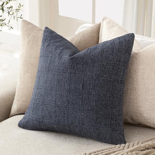 Foindtower Set of 1 Decorative Linen Check Throw Pillow Cover Neutral Farmhouse Vintage Cushion Cover Modern Boho Home Decor for Sofa Chair Couch Bedroom Living Room,16×16 Inch,Navy Blue - color: Navy Blue, size: 16" x 16" (Pack of 1)