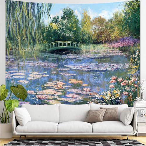 Accnicc Monet Water Lilies Tapestry Extra Large Green Floral Plant Tapestries Aesthetic Monet Wall Art Posters Nature Flower Garden Landscape Tapestrys for Bedroom Living Room Dorm 90 x 68 Inch - color: Green Pink, size: 90"L x 68"W