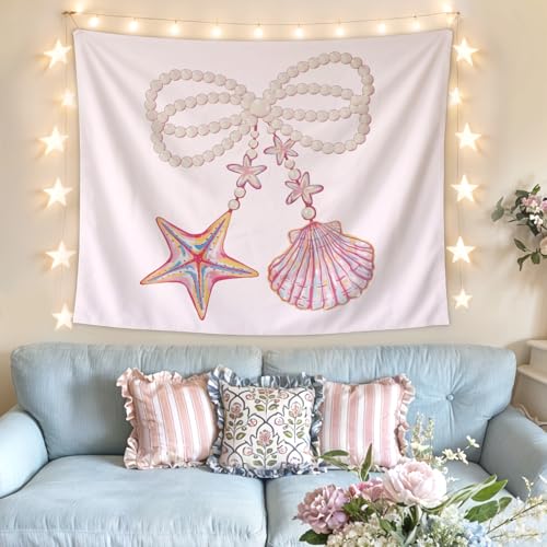 Lacama Pink Coquette Coastal Beach Tapestry, Cute Preppy Tapestry Decorative for Teen Girls Room Bedroom College Dorm Apartment, College Dorm Decor, 50x60 Inches - color: conch
