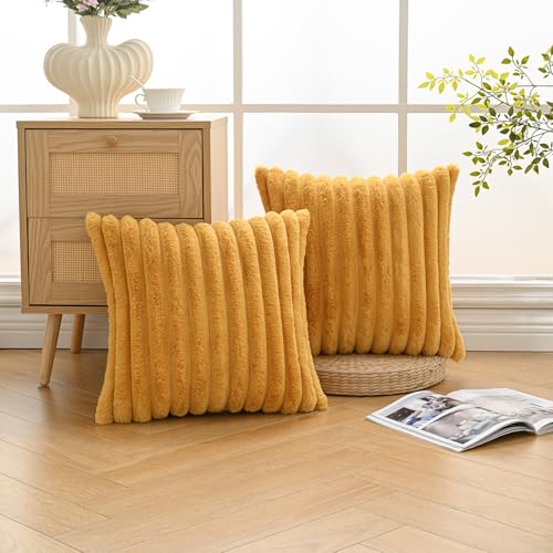 Volcanics Set of 2 Faux Fur Plush Decorative Throw Pillow Covers 18x18 Inches, Striped Cushion Cases Soft Fluffy Accent Pillowcases for Sofa, Couch and Bed, Mustard Yellow - color: Mustard Yellow, size: 18" x 18" (Pack of 2)