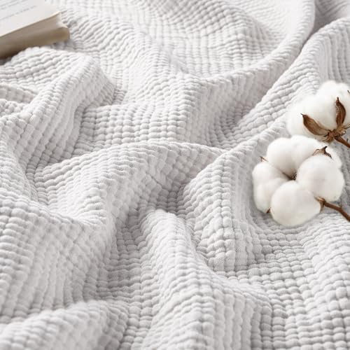Exclusivo Mezcla 100% Cotton Muslin Throw Blanket, 4 Layers Breathable and Lightweight Gauze Blankets with Fringes for Couch, Soft, Decorative, 50"x70", Light Grey