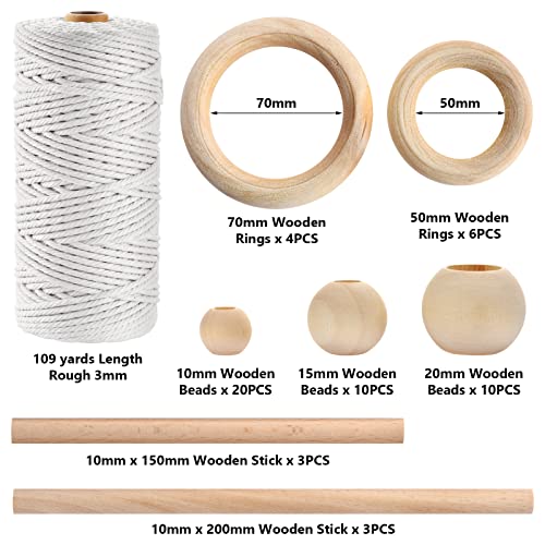 Hdviai 121Pcs Macrame Kit, Macrame Supplies 3mm x 109Yards Macrame Cord for Macrame Kits for Adults Beginners, with Accessories Like 100Pcs Beads and 10Pcs Wooden Rings for Macrame Plant Hanger Kit - size: 3MM x 109Yards Kit