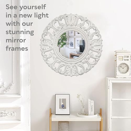JFY Designs Wall & Accent Mirror Wall Décor - Vanity Mirror with Engineered Wood Frame, Boho Farmhouse Wall-Mounted Mirrors for Bathroom, Entryway, Living Room - color: Balendin White, size: 24"L x 24"W