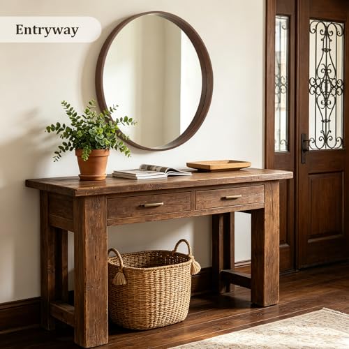 WallBeyond 36 Inch Round Wood Mirror, Large Circle Wooden Frame Wall Mirror for Bathroom, Living Room, Bedroom, Entryway (Walnut) - color: Walnut, size: 36"L x 36"W