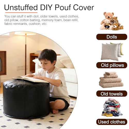 Unstuffed Ottoman Pouf Cover 20 X 15 Inch, Round Pu Leather Foot Stool, Floor Bean Bag(No Filler), Foot Rest with Storage for Living Room/Bedroom/Office, Black - color: Black