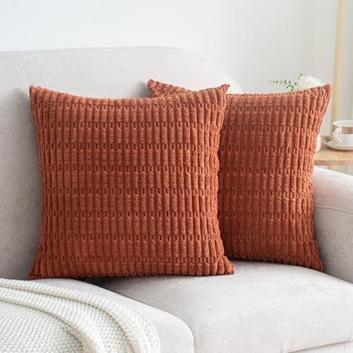 Pack of 2 Burnt Orange Corduroy Decorative Pillow Covers 18x18 Inch Soft Boho Striped Throw Pillow Covers Modern Farmhouse Home Decor for Summer Sofa Living Room Couch Bed - color: Burnt Orange, size: 18" x 18" (Pack of 2)