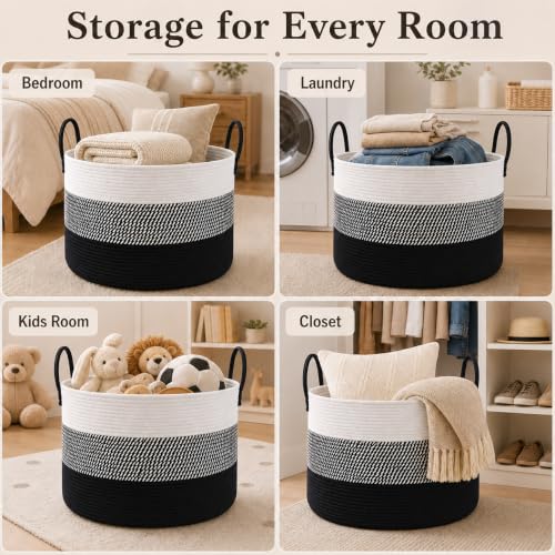 JMvicyroam 65L Extra Large Blanket Basket for Living Room - Woven Cotton Rope Laundry Hamper with Reinforced Handles - Storage Bin for Pillows, Comforters & Toys - Machine Washable,White&Black Mix - color: White&Black Mix, size: 65L