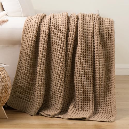 Bunnikins & Clover Beige Throw Blanket for Couch, Knitted Beige Throw for Bed, Neutral Throw Blankets Tan Blanket for Room Decor Housewarming Gifts, 60"x80" - color: Beige, size: 60"x80"