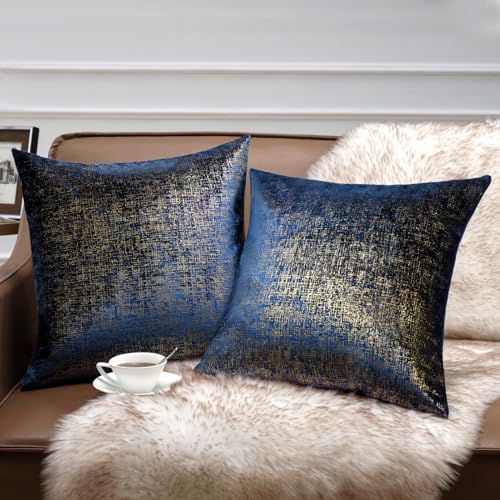 Phantoscope Pack of 2 Sparkling Velvet Geometric-Pattern Throw Decorative Pillow Cover Soft Gold Glitter Square Cushion Cover Pillowcase for Couch Bed and Chair, Navy Blue, 20 x 20 inches, 50 x 50 cm - color: Navy Blue and Gold, size: 20" x 20" (Pack of 2