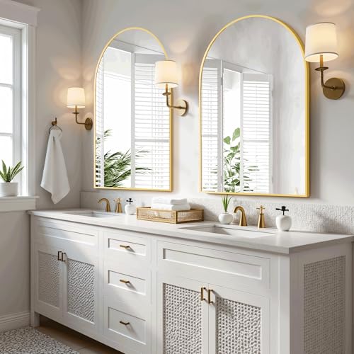 Arched Bathroom Mirror for Wall, 30" x 20" Gold Metal Frame Vanity Mirror, HD Glass Over Sink for Bathroom, Entryway, Bedroom - color: Gold, size: 30"L x 20"W