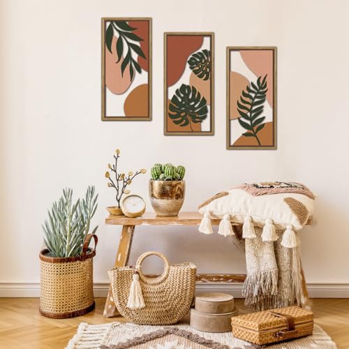 KAIRNE Boho Tropical Wooden Wall Art Set,Botanical Palm Leaf Wood Decor,Farmhouse Geometric Hanging Decor Set of 3(8X16),Framed Minimalist Nature Bohemian Wood Art For Living Room Bedroom Office Decoration, - color: Abstract Botanical Wooden Wall Art, siz