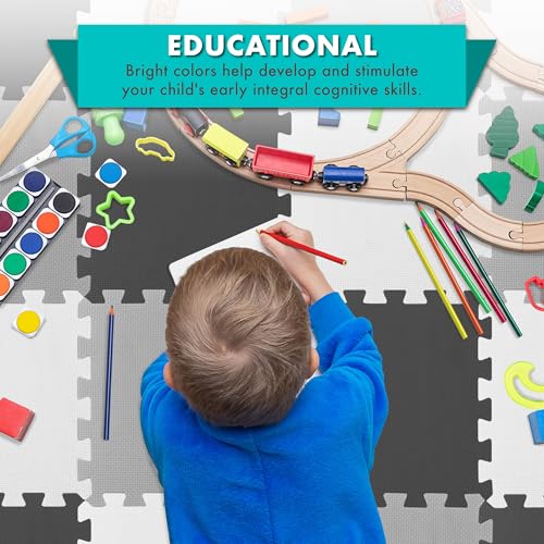 ProSource Baby Play Mat, Soft Foam Floor Tiles for Kids, Interlocking EVA Panels for Playpen Use, Crawling Development Surface, Safe Non-Toxic Toddler Flooring, 32 Tiles, Black/Gray/White - color: Black/Gray/White, size: 32 Tiles