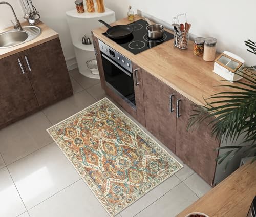 Keen Home Design 2x3 Rug - Machine Washable Entry Rug with Non-Slip Backing, Ideal for Enteryway, Kitchen, Bathroom, Laundry Room - Vintage, Easy Clean, Durable, Low Pile Rug - (2' x 3') - color: Blue / Earth Brown, size: 2' x 3' (Rectangular)