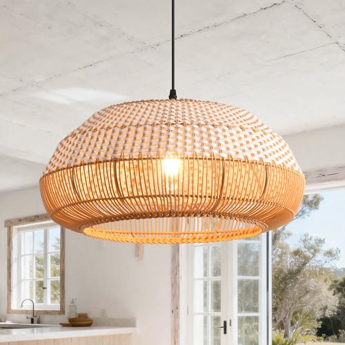 Boho Woven Pendant Light, 19" Farmhouse Handwoven Rattan Chandelier Ceiling Light for Kitchen Island Dining Room, Coastal Hanging Basket Light Fixture with 47.2" Adjustable Cord, E26 Base - color: D3037