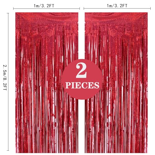 2 Pack 3.2ft x 8.2ft Red Foil Fringe Curtain, Glitter Metallic Tinsel Foil Fringe Curtains Photo Booth Backdrop Tinsel Door Curtains for Wedding Bridal Shower Bachelorette Christmas Party Decorations - color: Red