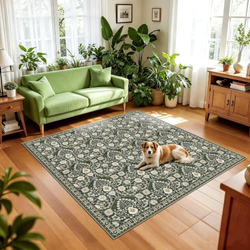 5x5 Floral Area Rug Washable: Non-Slip Low Pile Square Living Room Rug,Water Resistant Non-Shedding,Pet Friendly Soft,for Kitchen Bedroom Entryway Dining Room Indoor Decor 5ft - color: Green, size: 5' x 5' (Square)
