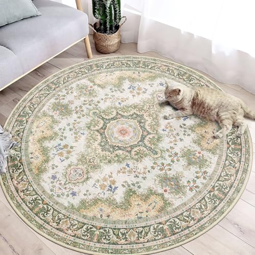 Green Round Rug 4ft,Circle Washable Area Rugs for Bedroom Bathroom Entryway,Small Boho Vintage Bohemian Distressed Oriental Floral Carpet Non Slip,Sage Floral - color: Rug11-green, size: 4'x4'