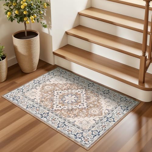 Lofus 2x3 Washable Rug for Entryway Bathroom, Non Slip Kitchen Mats for Floor, Vintage Soft Door Mat Indoor Entrance, Small Area Rugs, Farmhouse Carpet for Entry Living Room Bedroom, Floral Brown - color: Floral Brown, size: 2' x 3' (Rectangular)