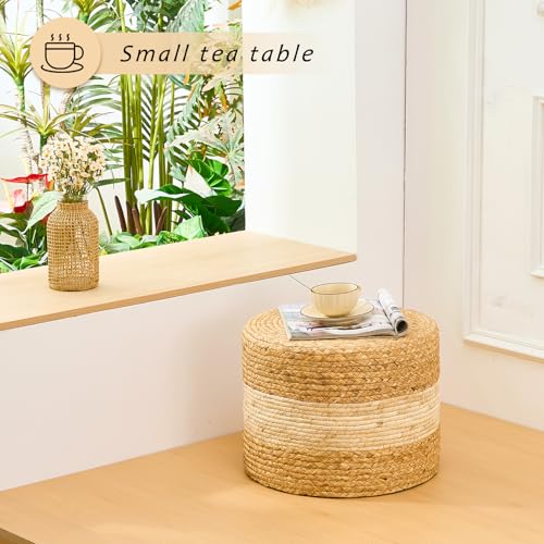 Handwoven Water Hyacinth Ottoman Pouf, Round Outdoor Footstool with Sturdy Frame, No Assembly Needed, Boho Accent Stool for Indoor & Outdoor Use – Patio, Balcony, Living Room (White) - color: White, size: 15.7"D x 15.7"W x 11.8"H