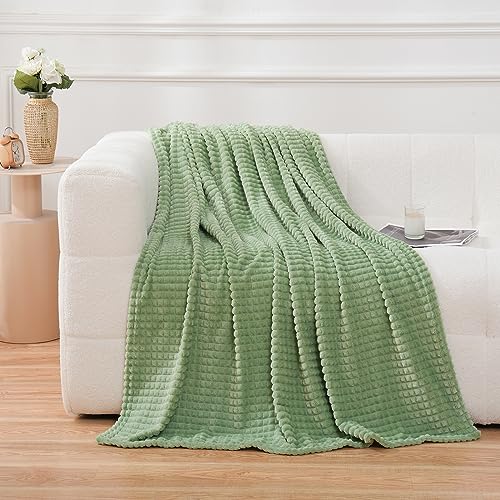Puncuntex Flannel Fleece Throw Blanket Sage Green 50"×60",Super Soft Plush Cozy Blanket with Square Grid Design Luxury for Couch Sofa Chair - color: Sage Green, size: 50"×60"