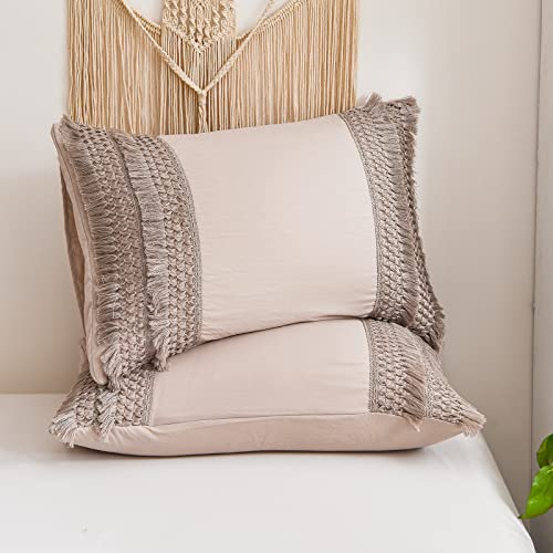 Taupe Pillowcases, Khaki Macrame Tassel Pillow Cases Set of 2, Soft Washed Microfiber, Taupe Decor Tassel Boho Pillow Cover, 2 Pack (King, Taupe Tassel) - color: Taupe Tassel, size: King, 20" x 40" (Pack of 2)