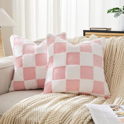 Ohocut Checkered Jacquard Shag Throw Pillow Covers, Pack of 2 Fluffy Pink Cute Decorative Girly Women Aesthetic Soft Checkered Throw Pillow Cases for Couch Sofa Bedroom,20x20 Inch - color: Pink, size: 20" x 20" (Pack of 2)