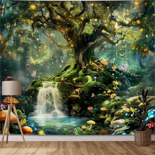 Tichgeim Forest Nature Tapestry Wall Hanging for Bedroom, Green Fantasy Tree of Life Backdrop Tapestries, Fairy Magic Mushroom Landscape Wall Mural Decor for Living Room Dorm 79" x 60" - color: Forest Tapestry, size: 79"L x 60"W