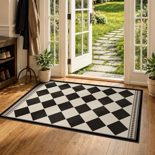 Black and White Diamond Outdoor Easy Jute Front Porch Rug 3x5, Washable Non-Slip Checkered Entryway Rug, Modern Farmhouse Boho Low Pile Indoor Carpet for Living Room, Kitchen, Mudroom, Laundry Room - color: Black White, size: 3' x 5' (Rectangular)