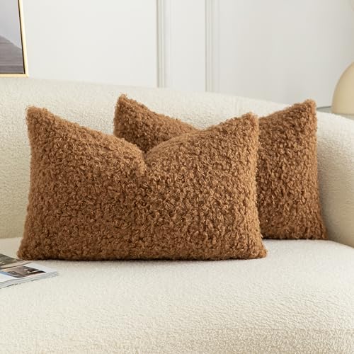 Pack of 2 Curly Teddy Wool Faux Fur Throw Pillow Covers Fuzzy Accent Soft Sherpa Pillowcases Sheepskin Fleece Decorative Cushion Case for Sofa Couch Living Room 12x20 Inch Bronze - color: Bronze, size: 20" x 12" (Pack of 2)