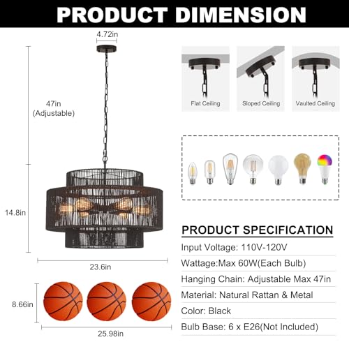 23.6" Black Rattan Chandelier, 6-Light Hand-Woven Boho Light Fixture, 3-Tier Drum Wicker Chandelier for Dining Room, Bedroom, Kitchen Island, Foyer - color: black 23.6"
