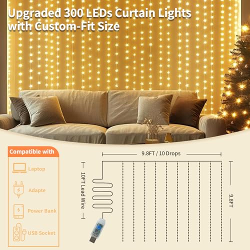 Fairy Curtain Lights, 300 LED Upgraded Tangle-Free Hanging Lights with Remote, USB Plug in String Lights for Bedroom Wall Window Wedding Party Xmas Home Décor - 9.8 x 9.8 Ft, Warm White - color: Warm White, size: 1-Pack - 10 Ft (W) x 10 Ft (L)