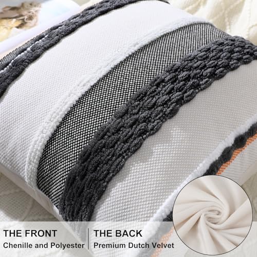 decorUhome Boho Decorative Throw Pillow Covers 18x18 Set of 2, Striped Chenille Tufted Pillow Covers with Tassels for Couch Bed Sofa, Cream White and Dark Grey - color: Cream White and Dark Grey