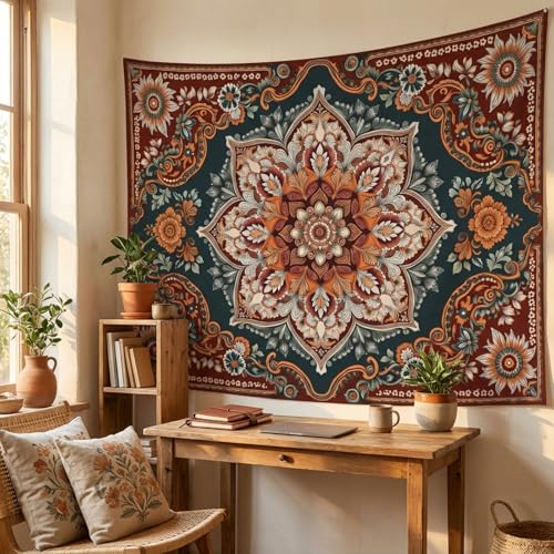 Motanber Vintage Mandala Tapestry Wall Hanging Boho Floral Tapestry Aesthetic Bohemian Flower Hippie Retro Indian Cute Small Tapestries for Bedroom Living Room Dorm Decor 48 x 36 Inch - color: Dark Red Green, size: 48"L x 36"W
