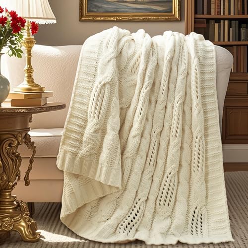 Amélie Home Chunky Knit Throw Blanket, Dual-Sided Soft Chenille Breathable Cable Knitted Blanket for Couch, Farmhouse Decorative Throw for Sofa & Chair, 60"x80", Ivory - color: Ivory, size: Cable Knit 60"x80"
