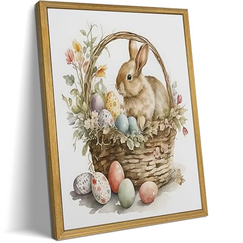 Easter Bunny Wall Art, Vintage Easter Bunny Eggs Poster Print Wall Decor, Holiday Home Canvas Decor Painting 8x10 Inch Wood Framed - color: Easter Bunny B, size: 10"L x 8"W