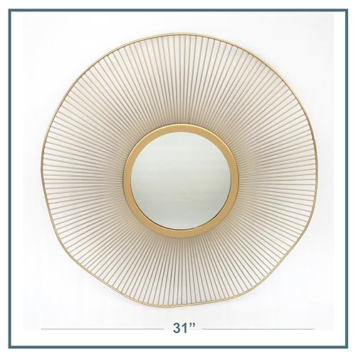 Gold Round Mirror 31 Inch with Sunburst Design - Large Circle Brass for Bathroom, Bedroom, Living Room, Hallway Decor, Hanging Big Golden Circular Mirror