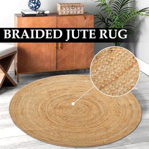 Hand Woven Jute Area Rug - 5' Round - Rustic Beige Reversible Farmhouse Rugs for Bedroom, Kitchen, Living Room - Vintage Natural Braided Entry Floor Décor Circle Boho Round Jute Rug 5 Foot - color: Natural 1, size: 5' (Round)