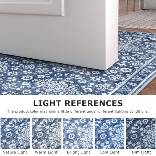 Vintage Washable Rug 2x3, Denim Blue White Small Area Rugs for Entryway, Floral Super Soft Kitchen Rugs, Throw Rugs Indoor Door Mat Thin Print Faux Wool Carpet for Entrance, Office, Farmhouse - color: Denim Blue and White, size: 2' x 3' (Rectangular)
