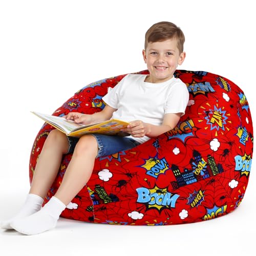 Boao 27'' Large Spider Kids Bean Bag Chairs Cover (No Filling) Washable Stuffed Animal Storage Beanbag Chair for Kids Canvas Bean Bag Cover with Zipper for Boys Organizing Plush Toys Textile Sack - color: Cartoon Spider, size: 27 Inches