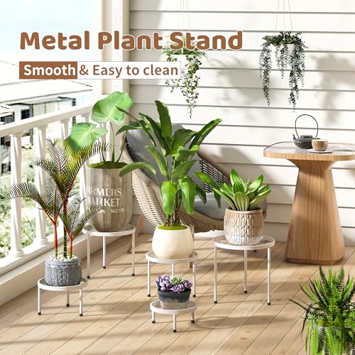 Plant Stand Indoor Outdoor 5 Pack Heavy Duty Metal Stand Multiple Plants, Anti-Rust Iron Flower Pot Stand Decoration Racks Plant Pot Shelf for Living Room Garden Balcony (White) - color: White