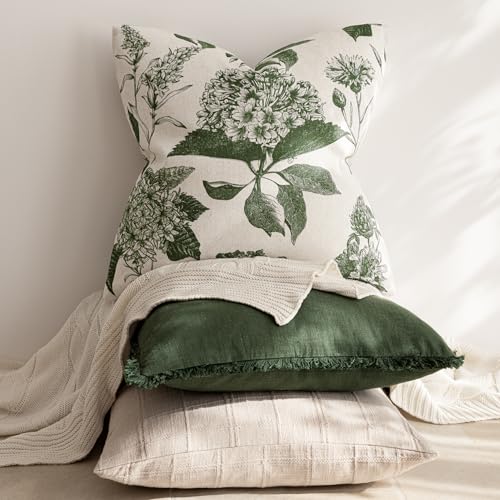 Foindtower Set of 2 Linen Floral Throw Pillow Covers Neutral Vintage Print Decorative Cozy Cushion Covers Farmhouse Boho Home Decor for Sofa Chair Couch Bedroom Living Room,18×18 Inch,Dark Green - color: Dark Green, size: 18" x 18" (Pack of 2)
