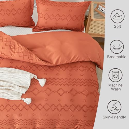 EMME Boho Duvet Cover Twin Size Pumpkin - 2 Pieces Soft & Breathable Tufted Boho Shabby Chic Embroidery Bedding Set for All Seasons, 1 Duvet Cover with 1 Pillow Shams & Zipper Closure (Pumpkin, Twin) - color: 23 - Pumpkin, size: Twin(68"×90")