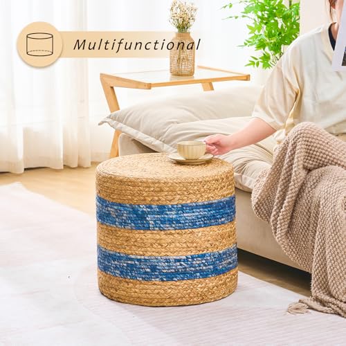 Handwoven Ottoman Pouf, Natural Water Hyacinth Footstool, Round Braided Outdoor Seat with Sturdy Frame, Boho Accent Stool for Patio, Balcony, or Garden (Blue) - color: Blue, size: 17.7"D x 17.7"W x 15.7"H