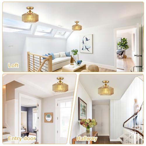 Flush Mount Light Fixture 11.02" Farmhouse 1 Light Ceiling Fixture with Amber Striped Hand Blown Glass Shade, E26 Base for Kitchen, Dining Room, Hallway - color: Amber