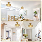 Flush Mount Light Fixture 11.02" Farmhouse 1 Light Ceiling Fixture with Amber Striped Hand Blown Glass Shade, E26 Base for Kitchen, Dining Room, Hallway - color: Amber