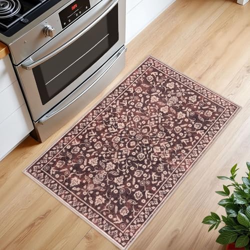 Vintage Entryway Rug Indoor, Burgundy Washable Rug 2x3, Small Area Rug with Non-Slip Backing, Floral Print Thin Faux Wool Super Soft Door Mat for Kitchen, Entrance, Bedroom, Office - color: Warm Burgundy Brown, size: 2' x 3' (Rectangular)