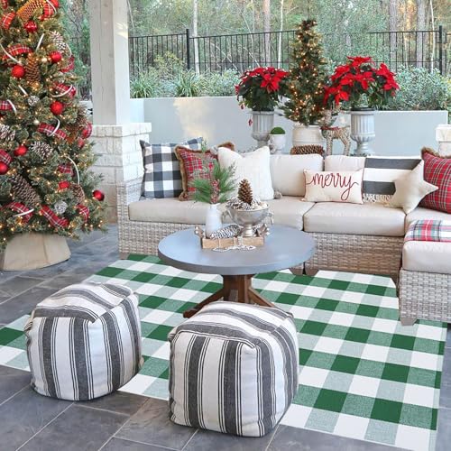 Green & White Christmas Plaid Rug, 4' x 6' Check Indoor/Outdoor Area Rug, Hello/Welcome Door Mat Layering Rug, Machine Washable Cotton Woven Rugs for Farmhouse Front Porch, Entryway - color: Green and White Plaid, size: 4' x 6' (Rectangular)