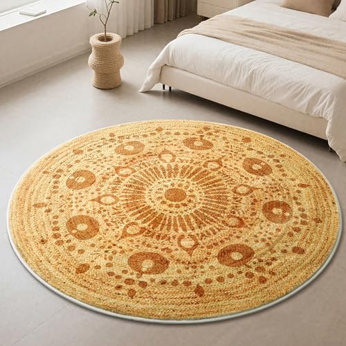 Carvapet 6 ft Round Washable Rug, Imitation Jute Low Pile Circle Carpet with Non Slip Rubber Backing, Foldable Stain Resistant Area Rug for Living Room Bedroom Office Bathroom - color: S-brown, size: 6' (Round)