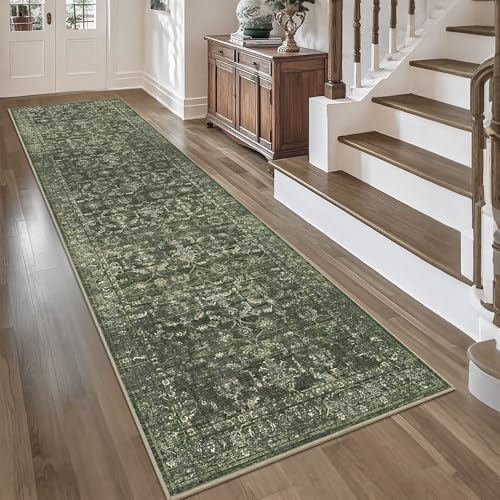 3x10 Green Runner Rug Hallway Washable Area Rugs Kitchen Vintage Boho Non Slip Long Rug Floral Carpet Indoor Retro Soft Low Pile Throw Rug for Bedroom Bathroom Laundry Dining Living Room Office - color: Dark Green, size: 3' x 10' (Runner)